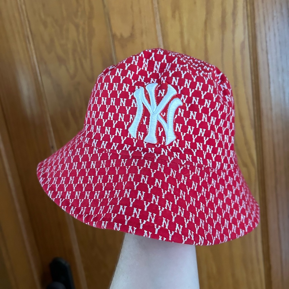 Red NY Monogram Bucket Hat with White Logo